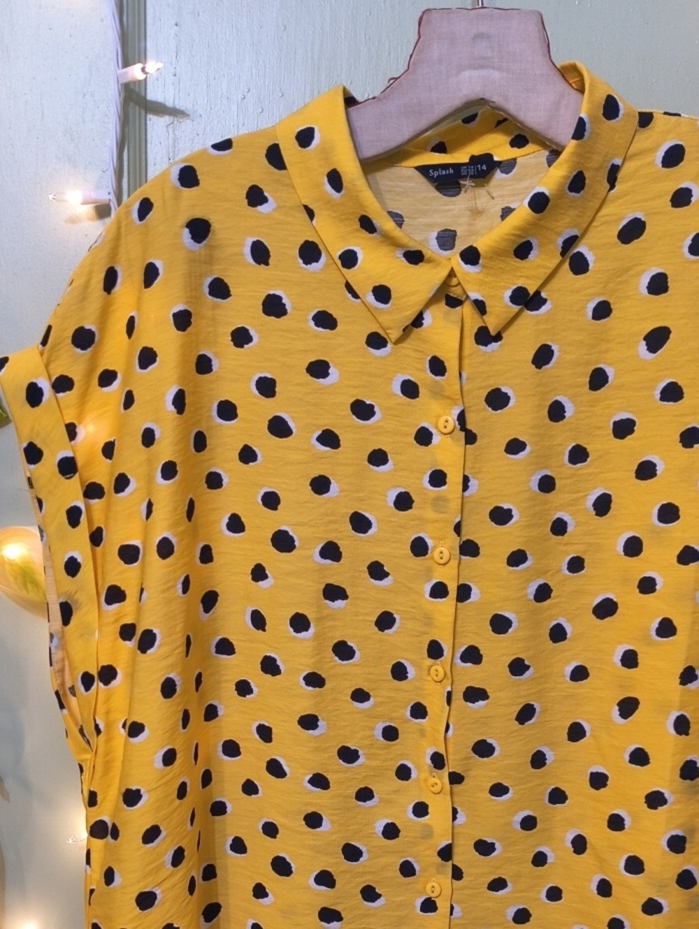 Women's Splash Yellow Black Polka Dot Oversized Crop Button Up Top XL - Picture 4 of 8
